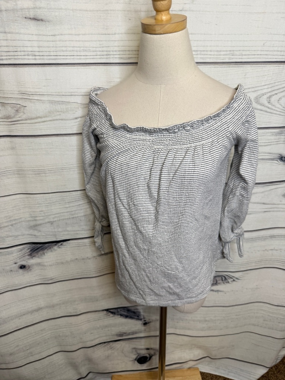 Lucky Brand Striped Off-Shoulder Top in Gray and White